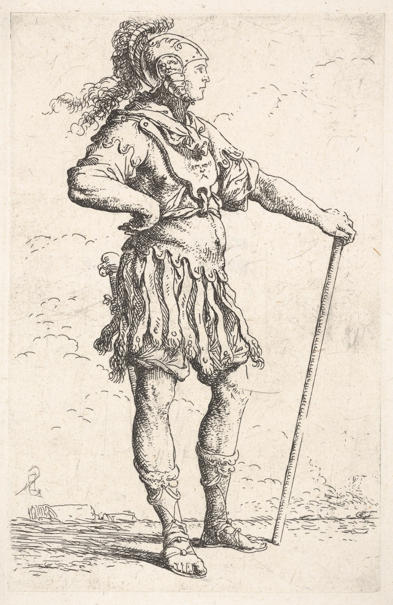 A warrior facing right wearing a plumed helmet and holding a staff, from the series 'Figurine'