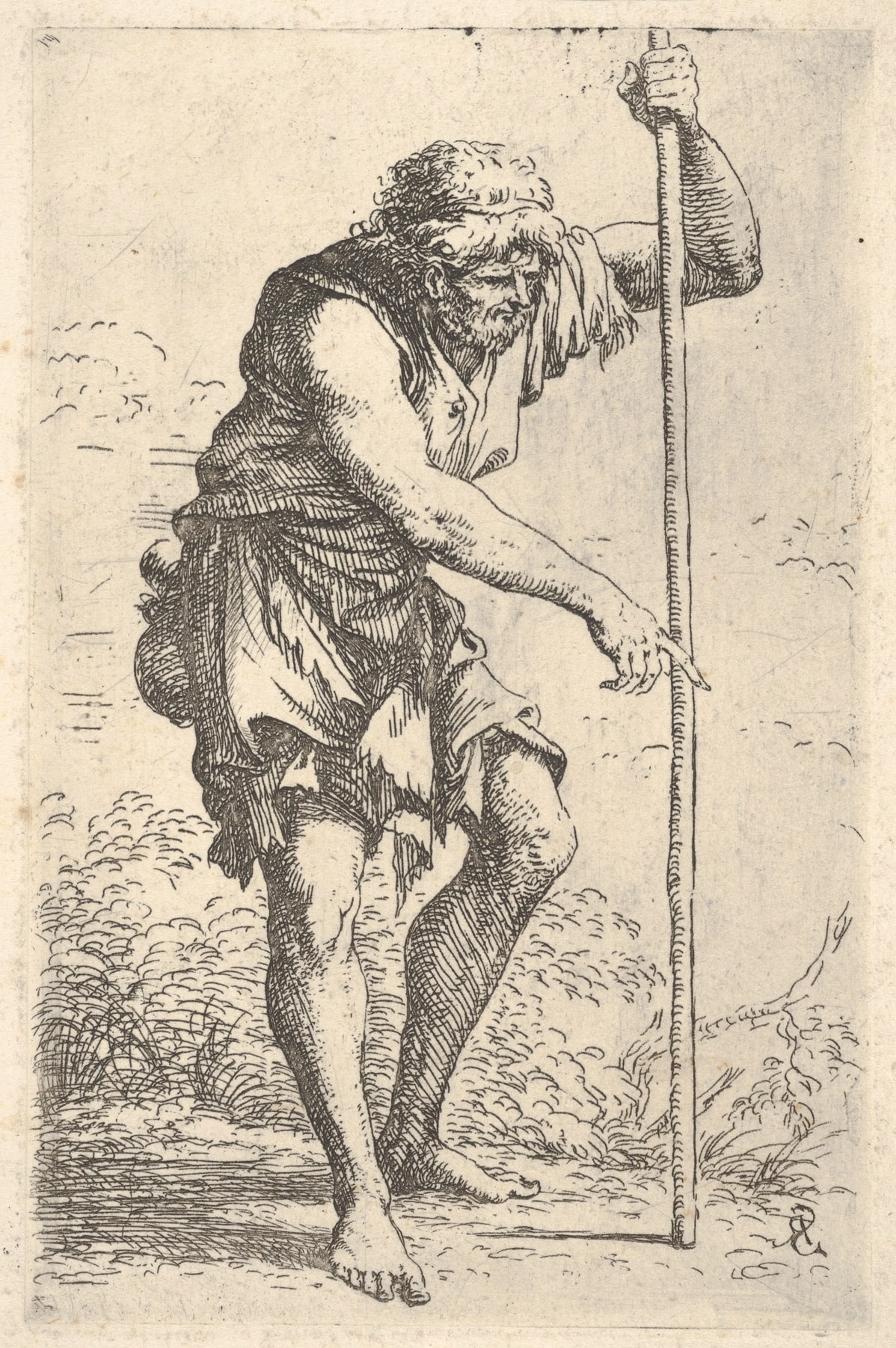 An old, ragged man with a gourd on his hip walking with a staff, from the series 'Figurine'