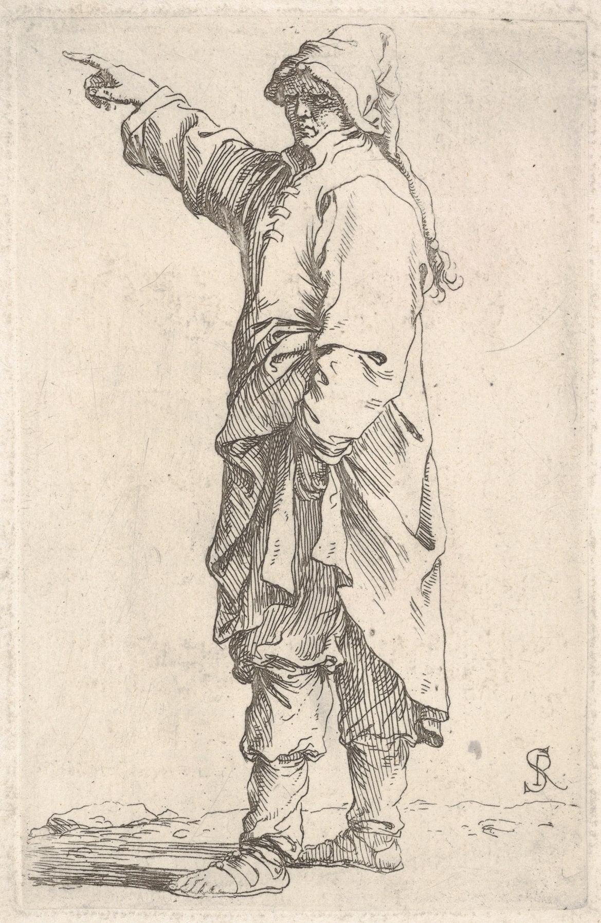 A man wearing a long outer garment and cap pointing to the left, from the series 'Figurine'