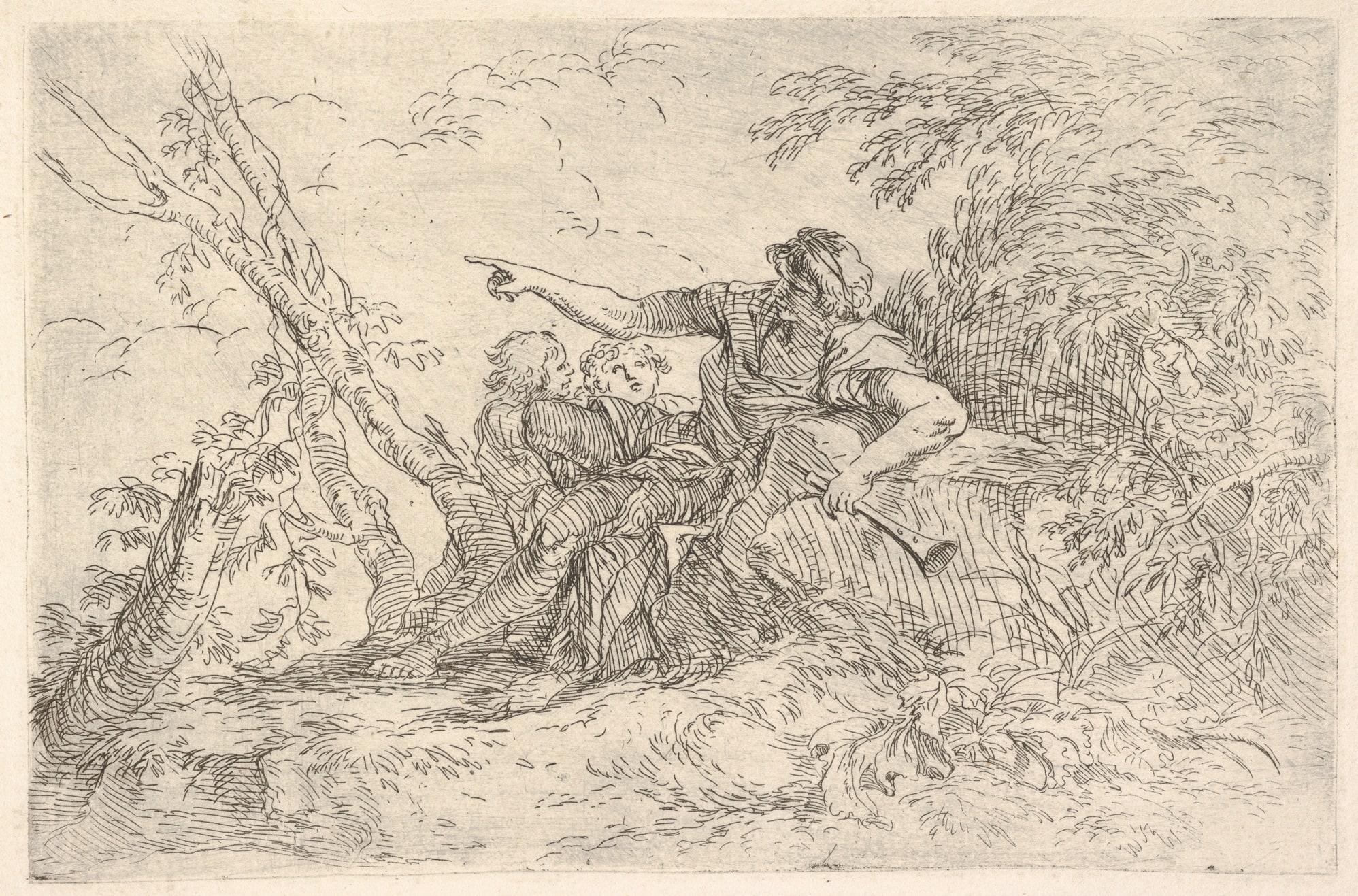 Male figure holding a flute reclining on a rock and pointing over the heads of two children, from "The Triton Group"