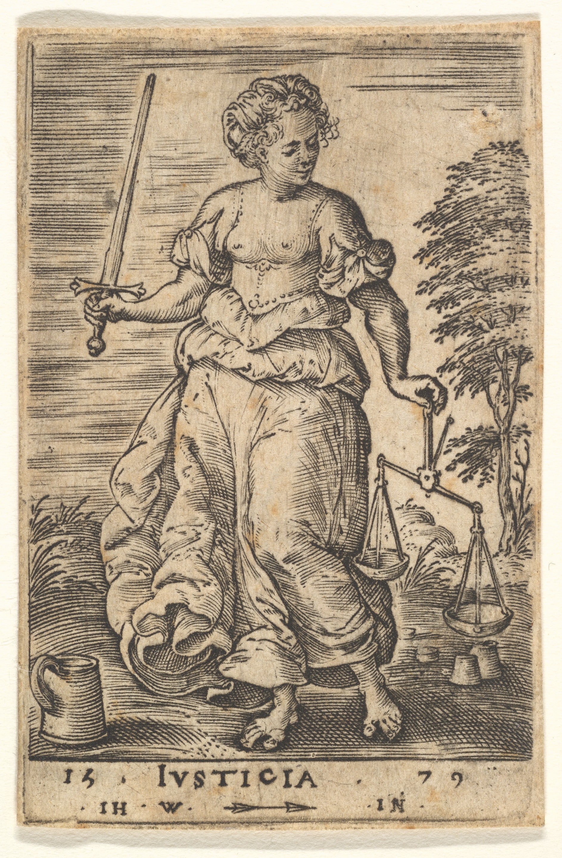 Justice, an allegorical figure holding a balance in her left hand and a sword in her right, from "The Seven Virtues and Knowledge"