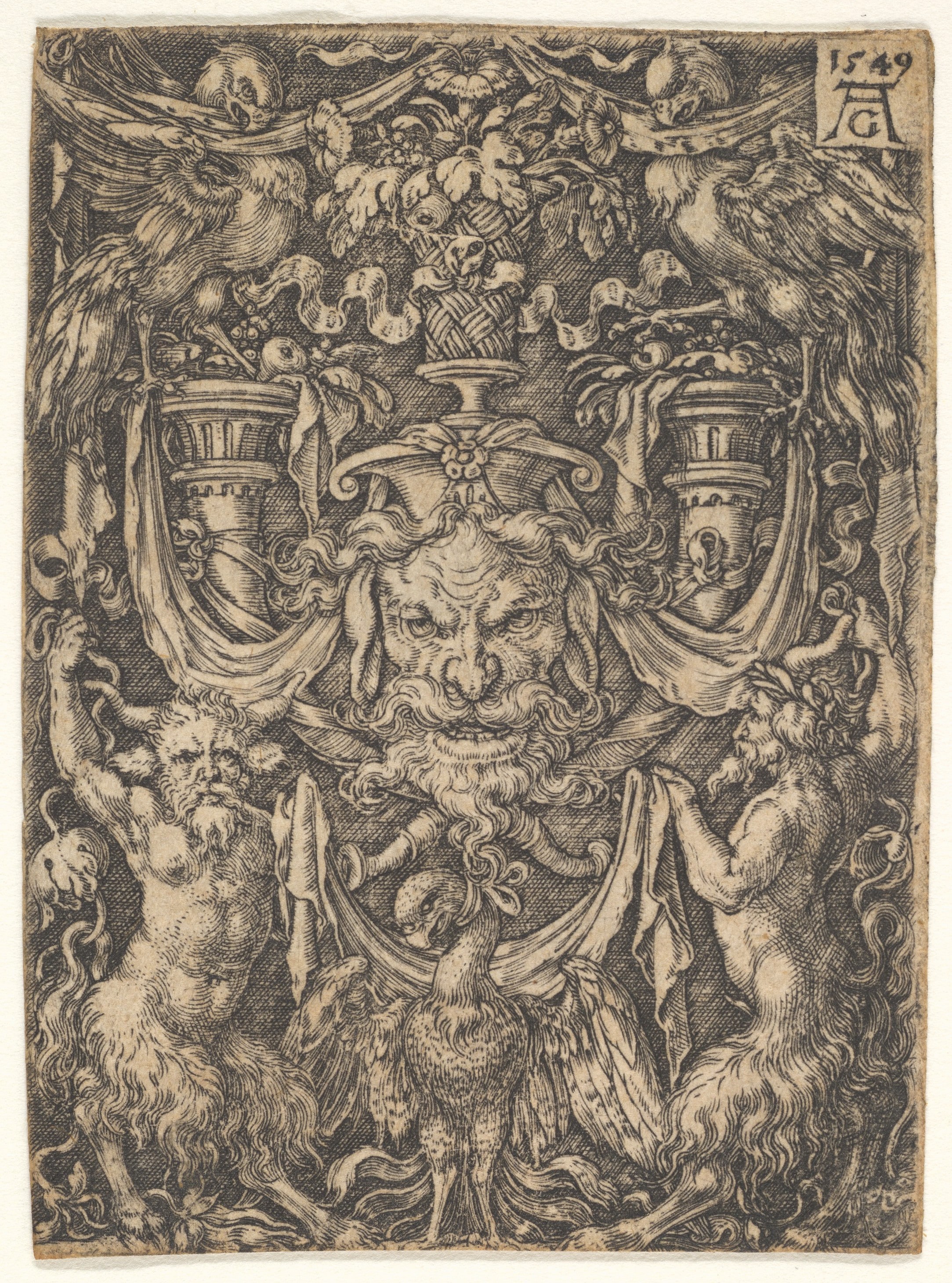 Ornamental Design with a Mask and an Eagle between Two Fauns below