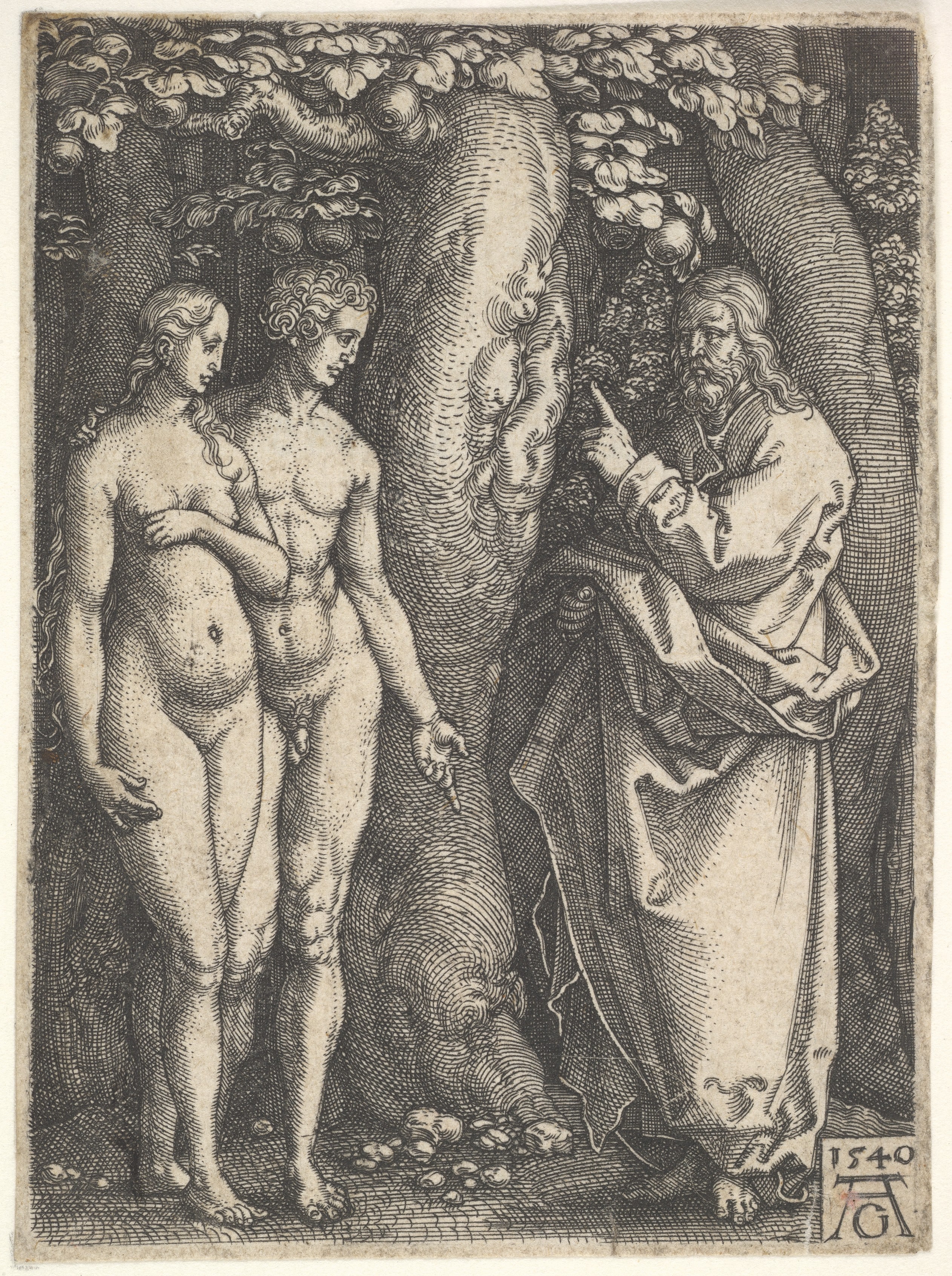 God at right forbidding the nude Adam and Eve at left to eat from the tree of knowledge in center, from 'Adam and Eve'
