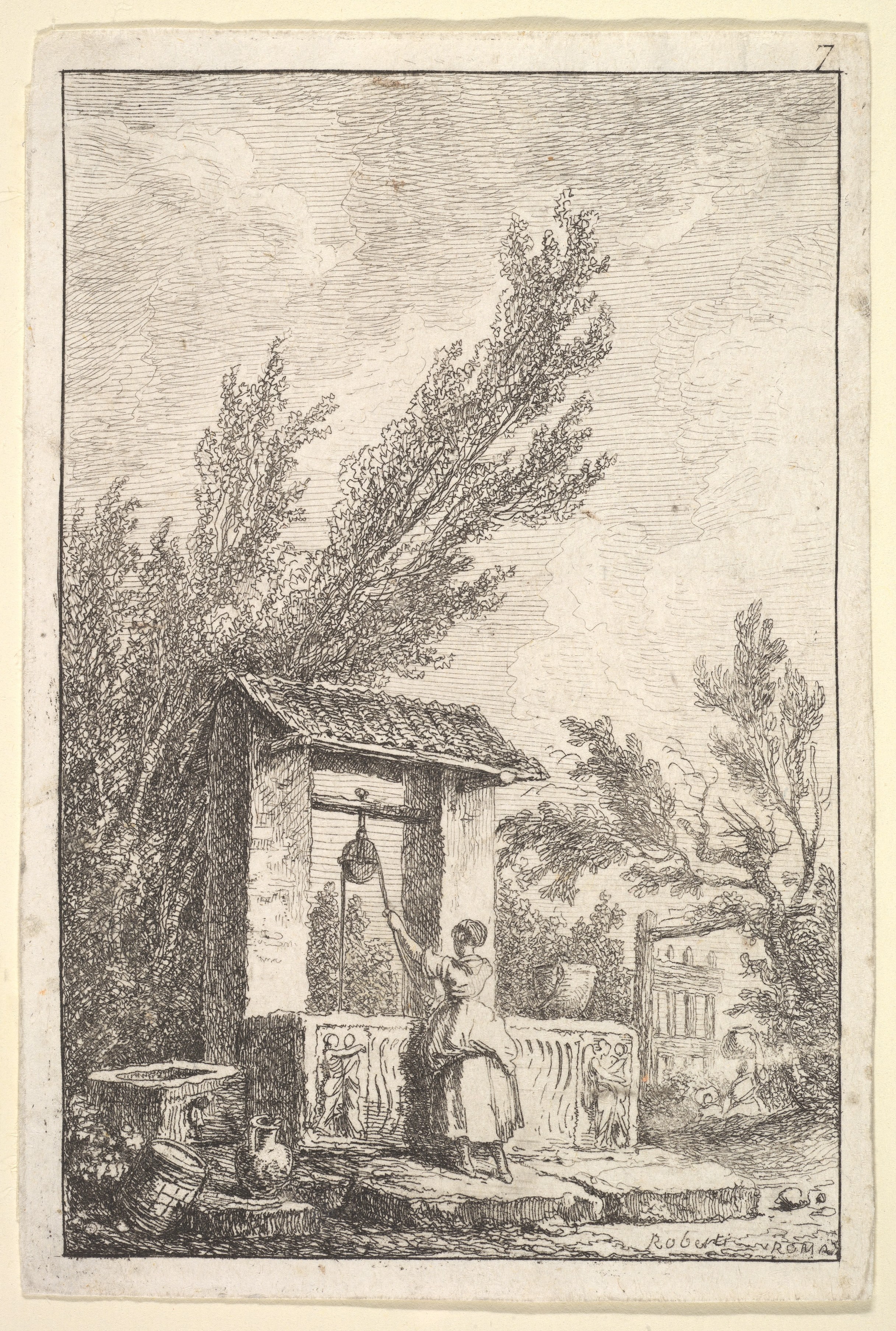 Plate 7: The Well: a young woman in center, seen from behind, drawing water from a well that is decorated with reliefs from an ancient sarcophagus, from "Les soirées de Rome"