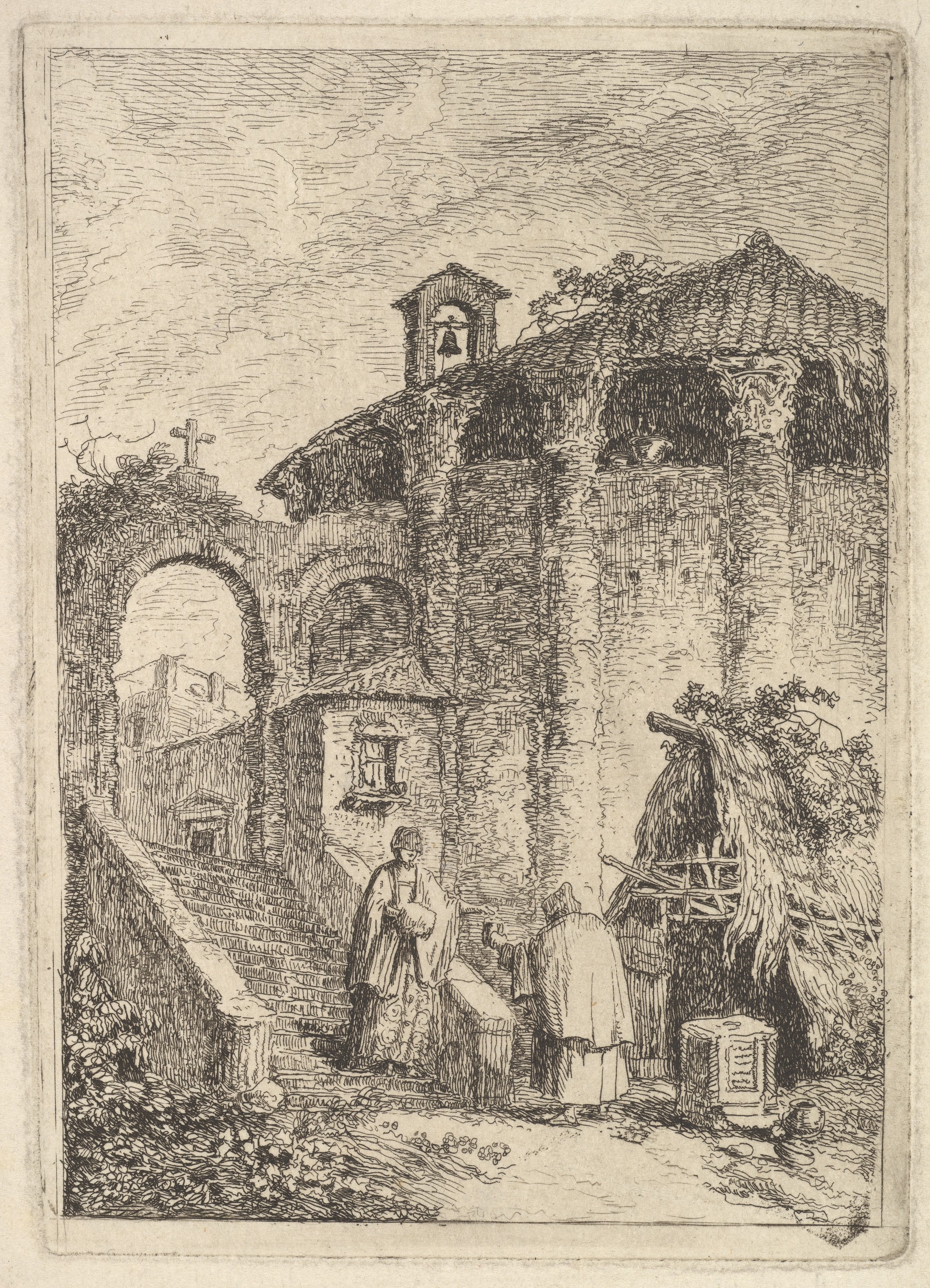 Plate 5: The Ancient Temple: a woman descending a staircase at left and giving alms to a beggar, a rotunda at right, from "Les soirées de Rome"