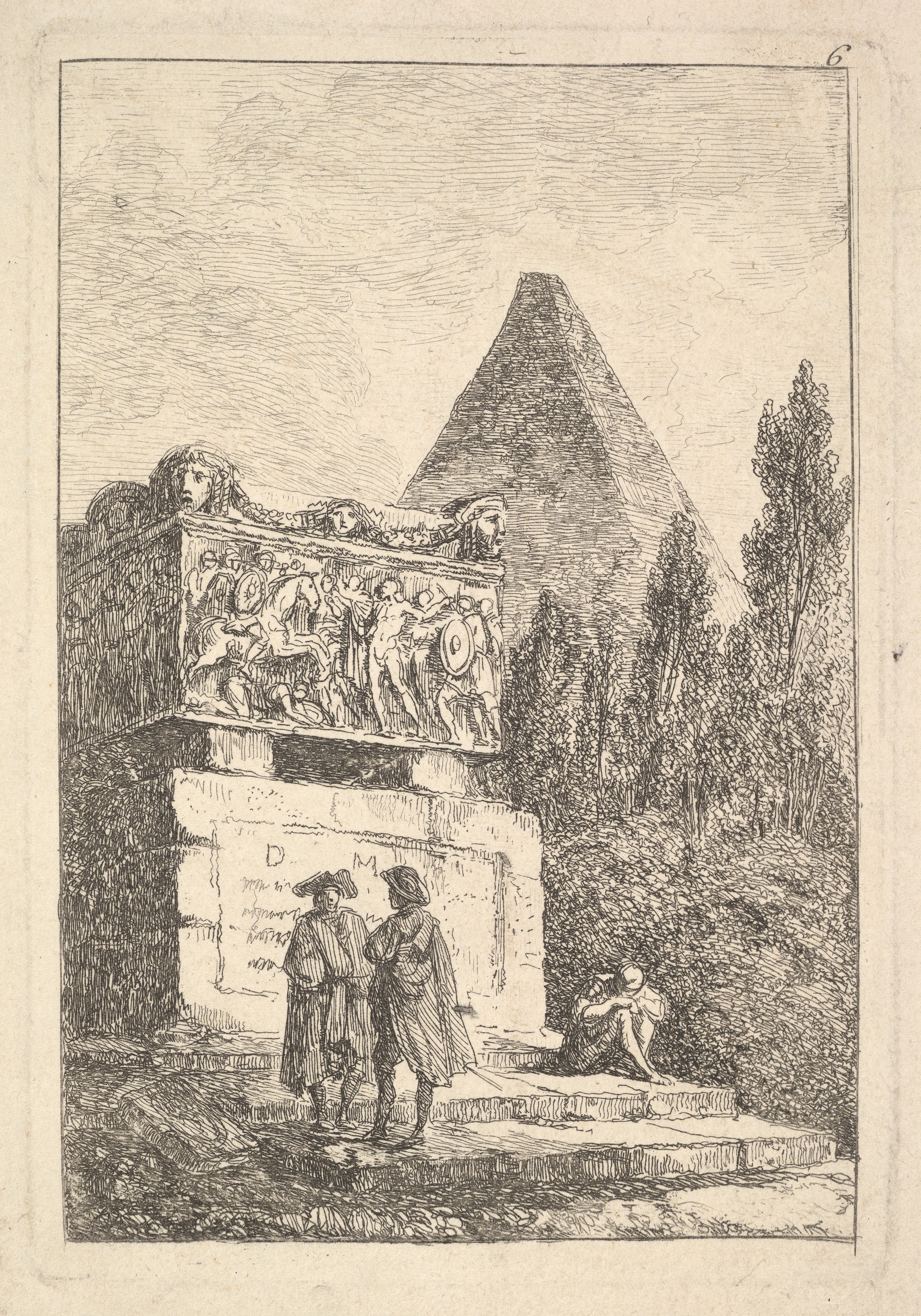 Plate 6: The Sarcophagus: two men conversing to left, another man seated and sleeping to right, an ancient sarcophagus to left decorated with reliefs, a pyramid to right in the background half-hidden by cyprus trees, from "Les soirées de Rome"