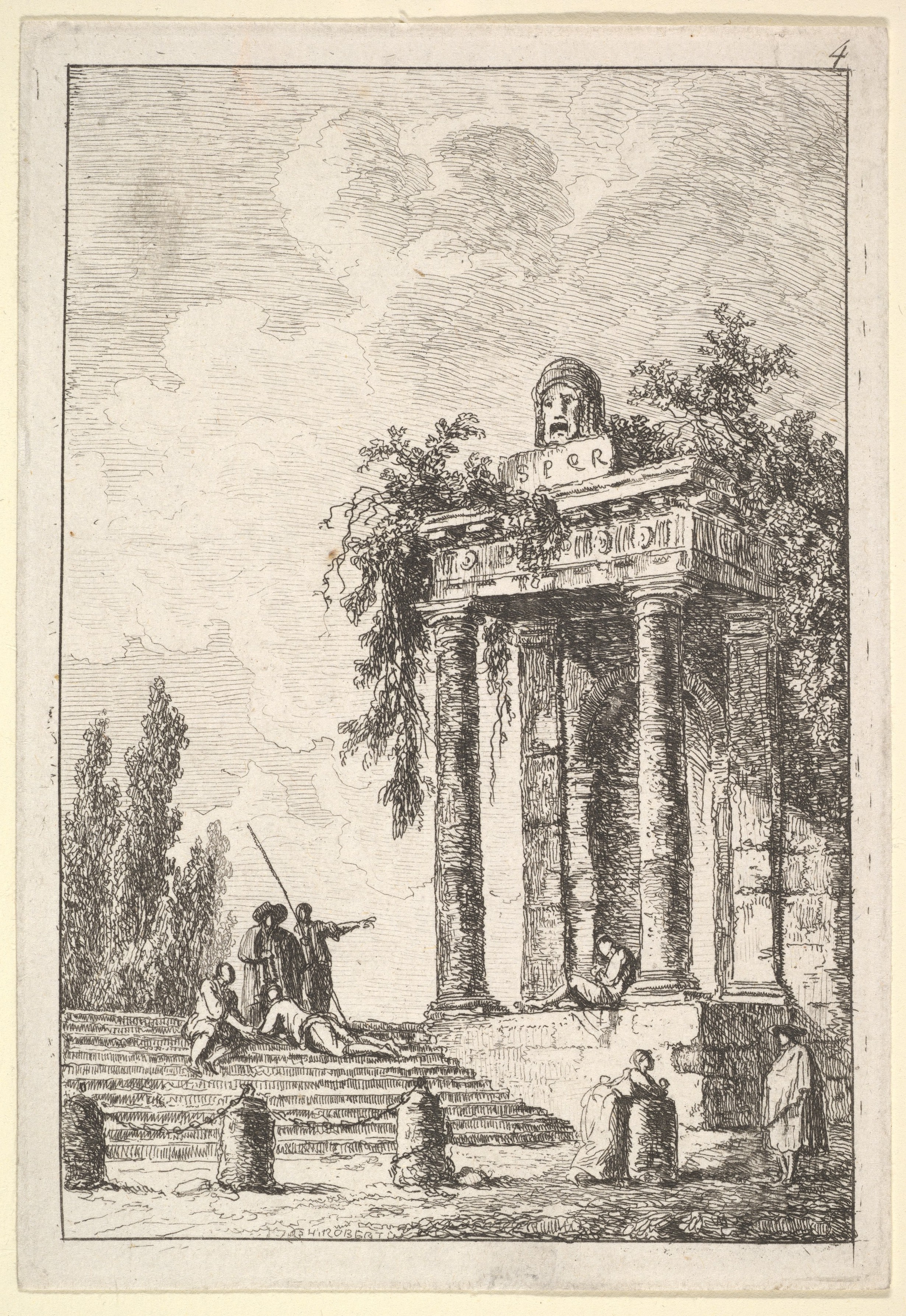 Plate 4: remains of a classical monument to right surmounted by a mask and tablet, a figure sitting on the porch, four figures on a staircase to left, four milestones below, from "Les soirées de Rome"