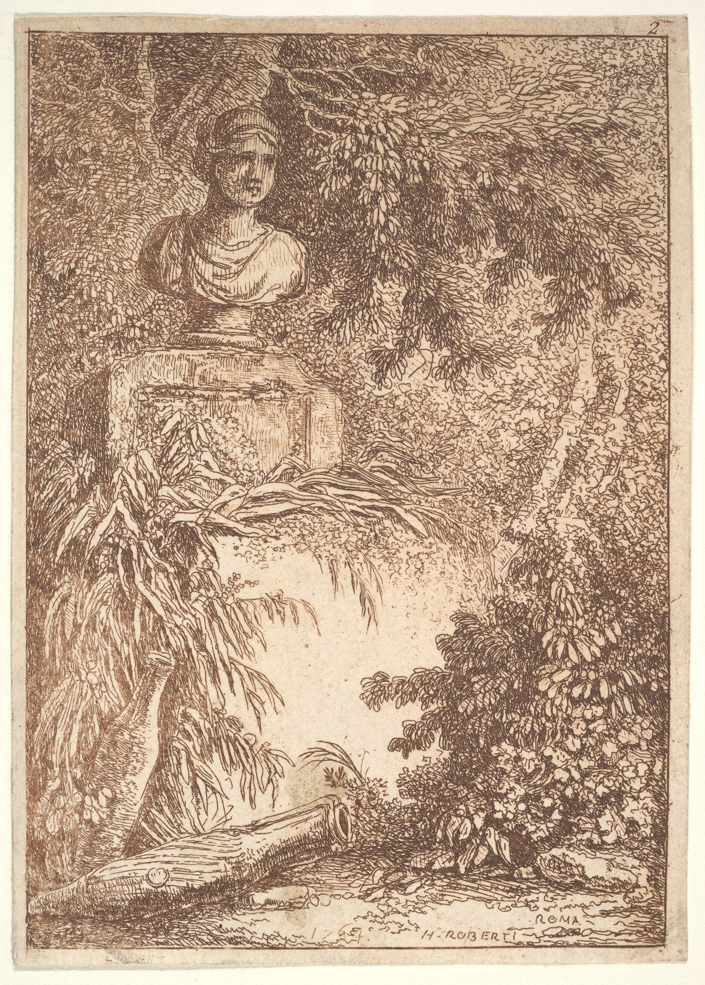 Plate 2: The Bust: a bust of a female wearing a diadem at top left, two amphoras at bottom left, surrounded by trees and greenery, from "Les soirées de Rome"