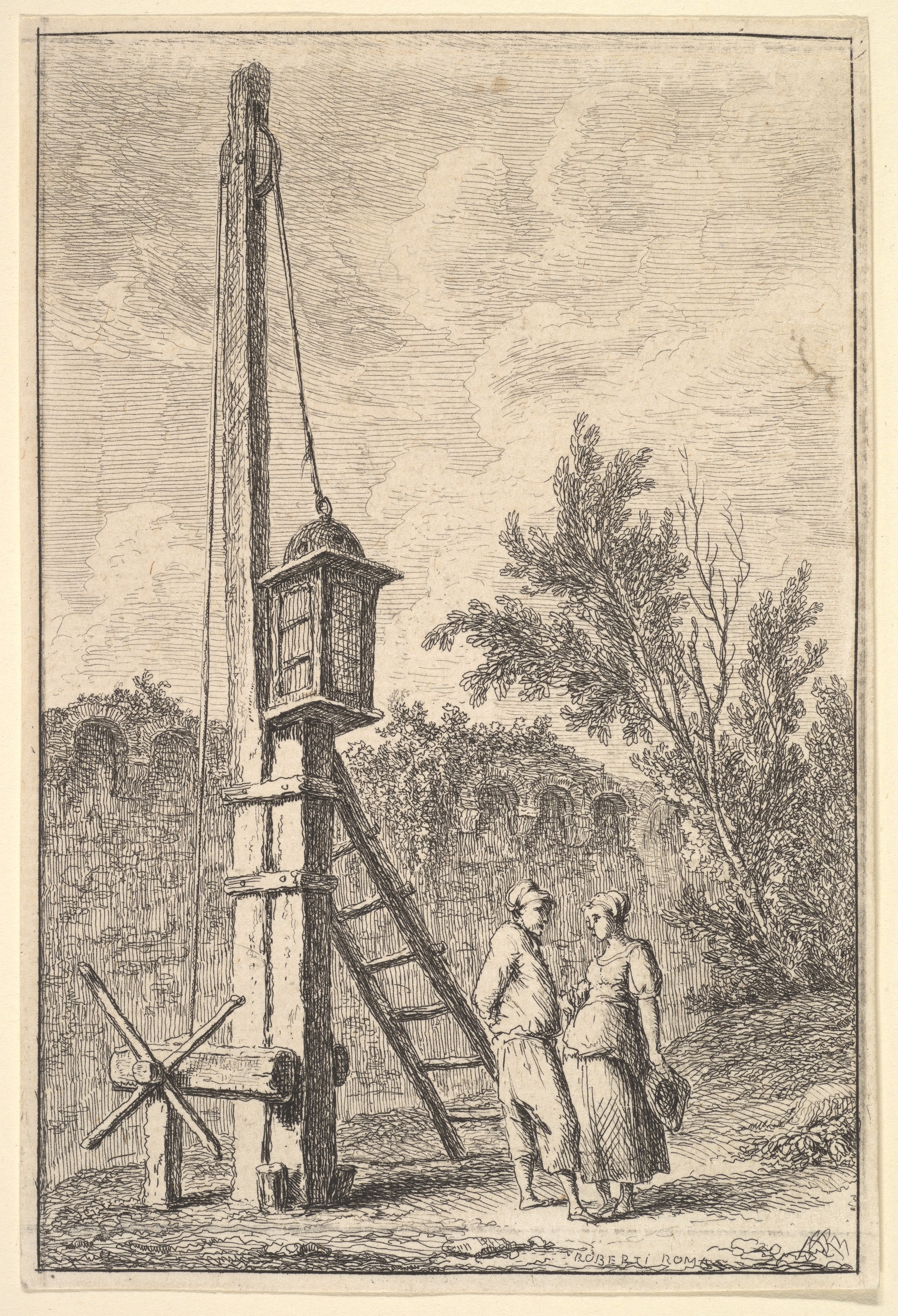Plate 9: The Pulley: a man and a woman conversing to right, a lantern hung on a post to left, from "Les soirées de Rome"