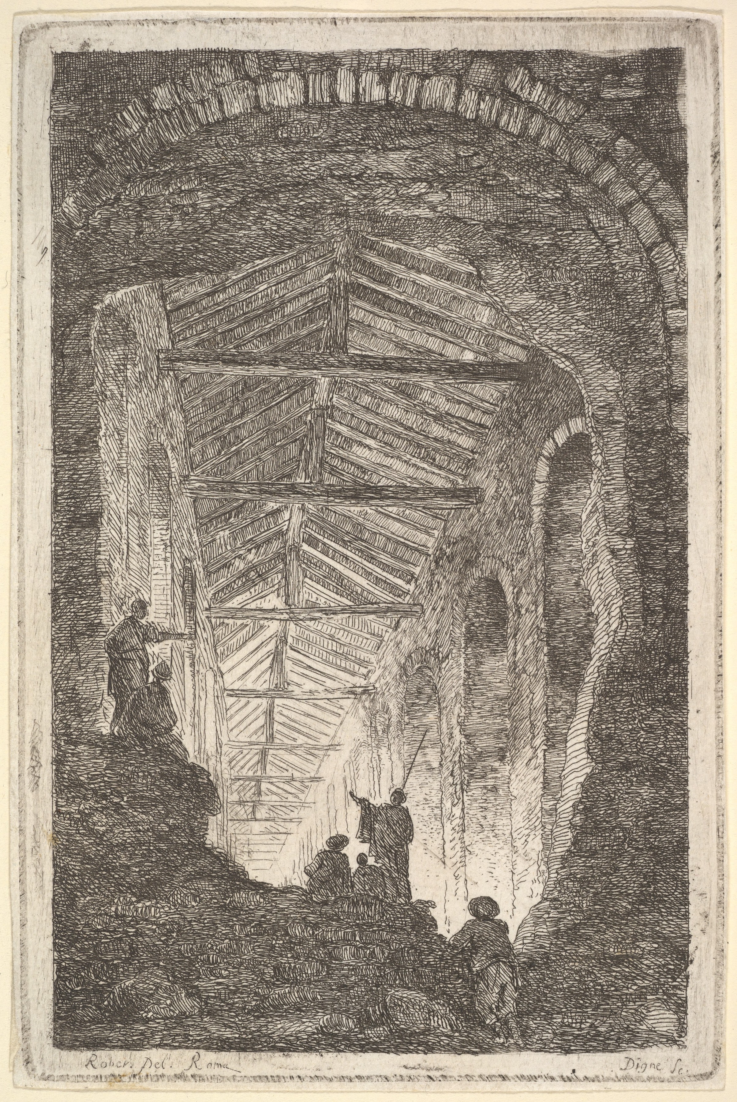 Plate 10: The Ancient Gallery: a large covered gallery, light entering from the background, six figures standing atop piles of rocks in the foreground, from "Les soirées de Rome"