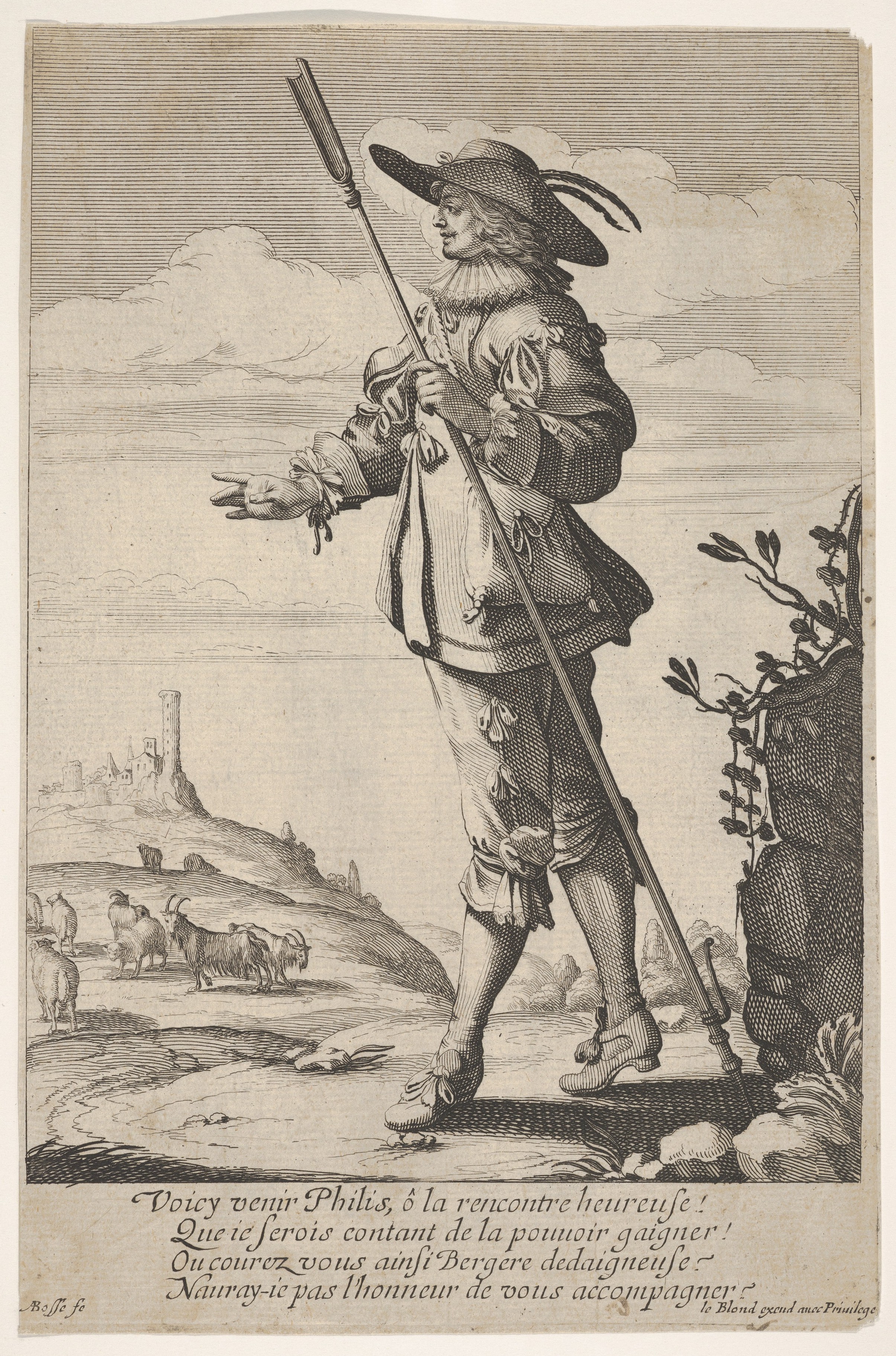 A shepherd holding a crook in his left hand and walking with a hill, a town and goats in the distance at left