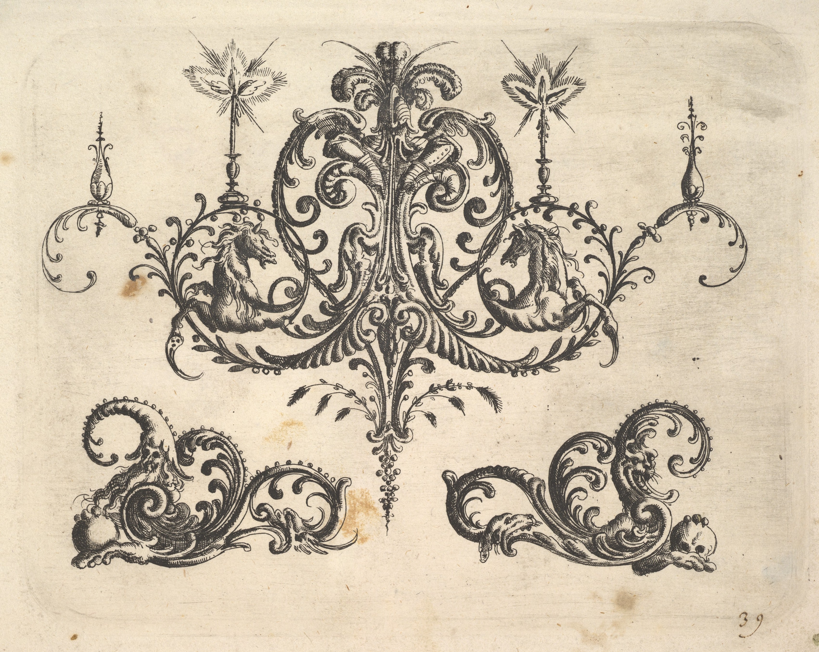 A fantastic chandelier with burning candles and arabesques, some ending in fantastic horse forms, plates from the Neue Grotessken Buch