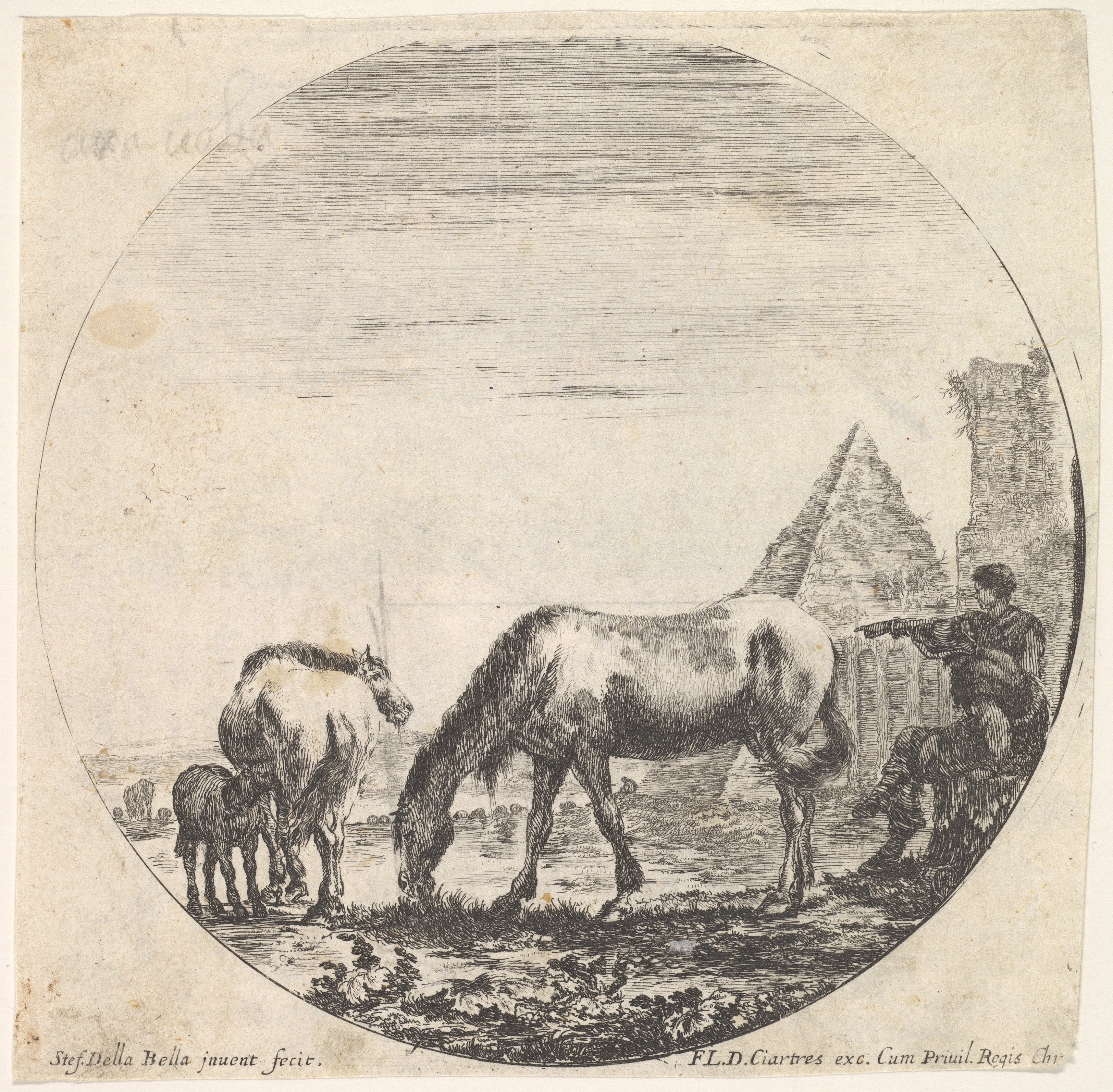 Plate 11: the pyramid of Caius Cestius to right in the background, a horse grazing in center, a foal suckling a mare to left,  a seated shepherd and another standing and pointing towards the left at right, a round composition, from 'Roman landscapes and ruins' (Paysages et ruines de Rome)