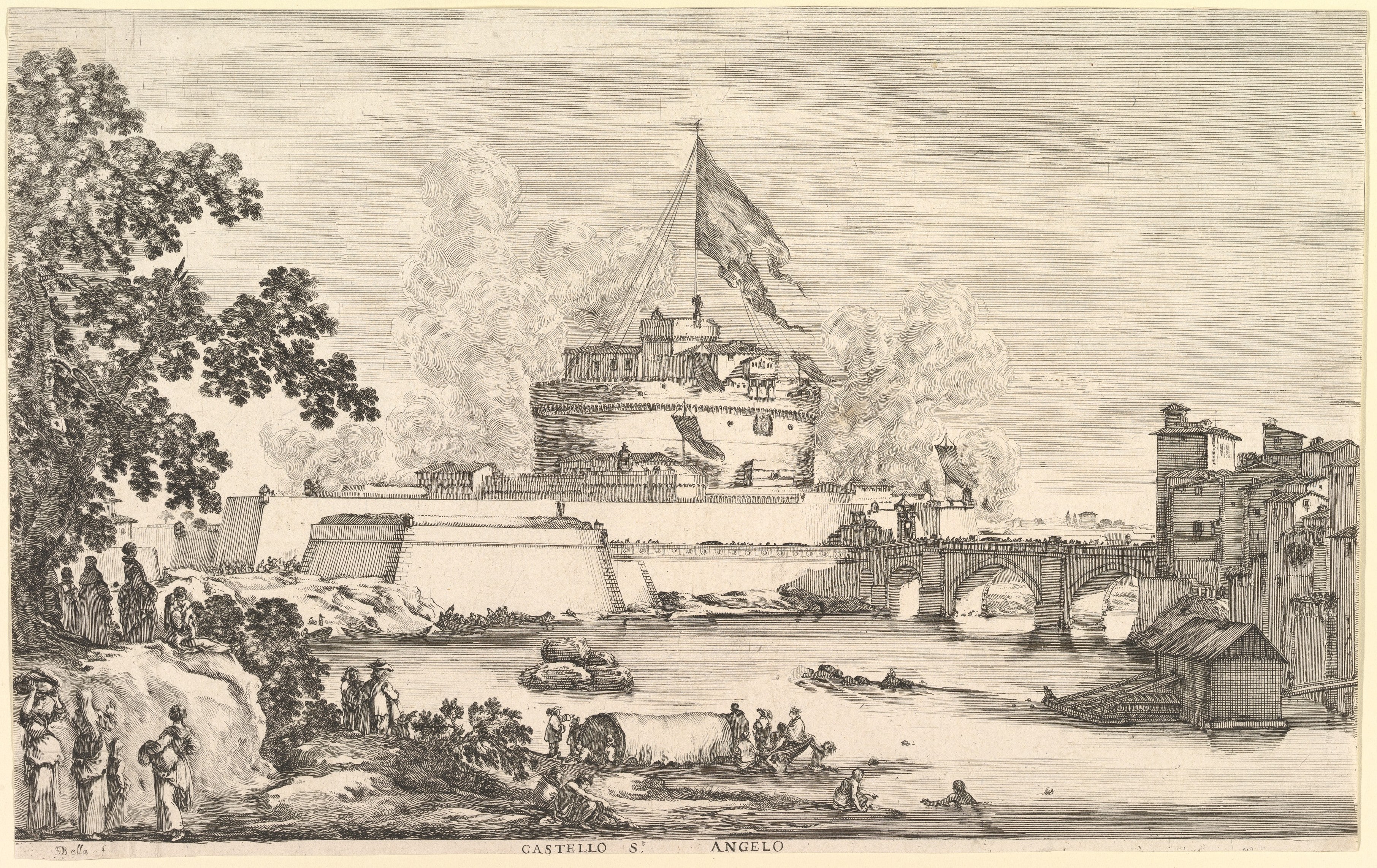 View of the Tiber river, a large tree to left, two groups of women to left in the foreground, a bridge leading to the Castello Sant'Angelo to left, above which a large flag is hoisted, clouds of gunsmoke to right and left of the castle