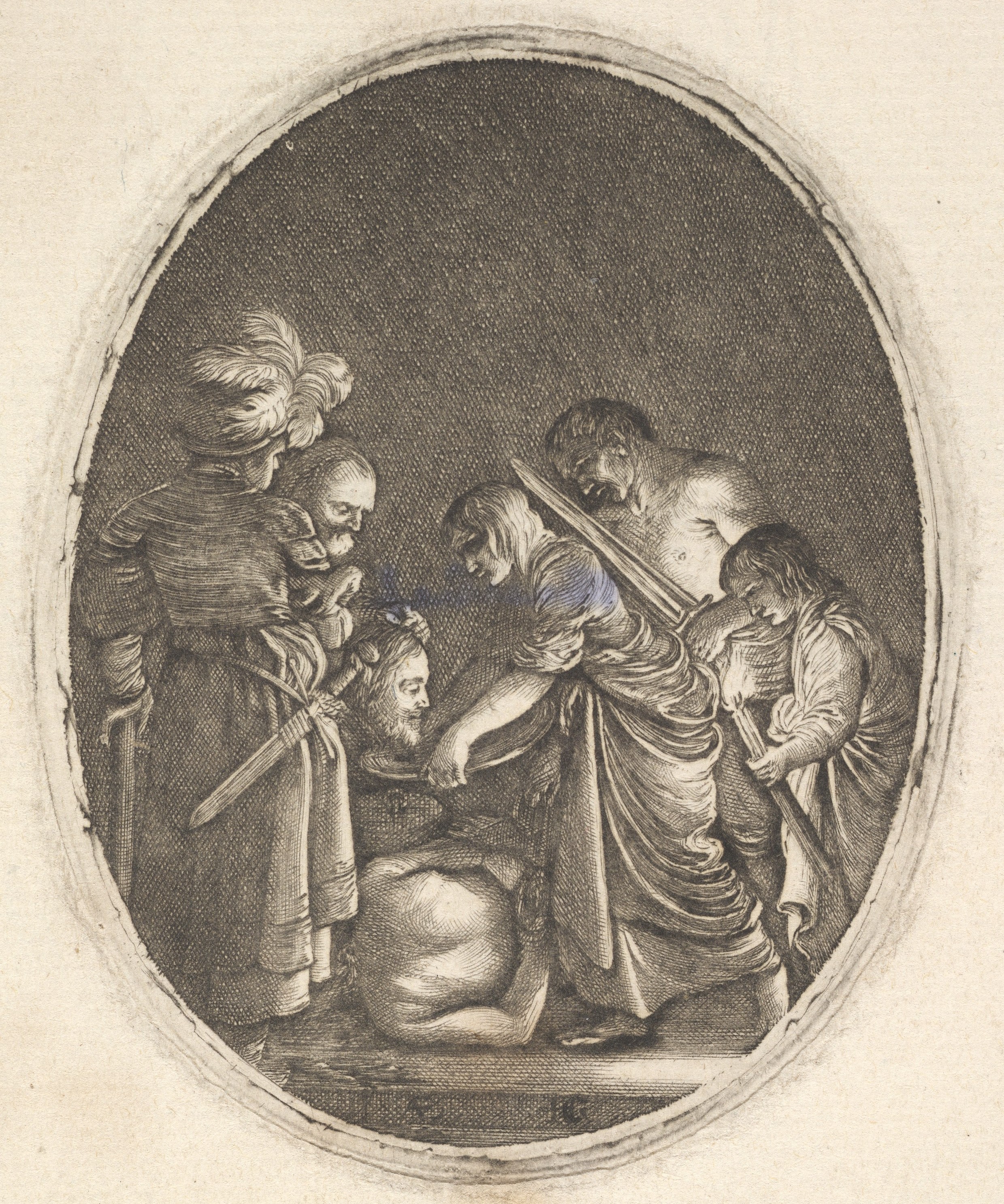 Salome receiving the head of John the Baptist, surrounded by three men and a child bearing a torch, the Baptist's body lies on the ground, an oval composition