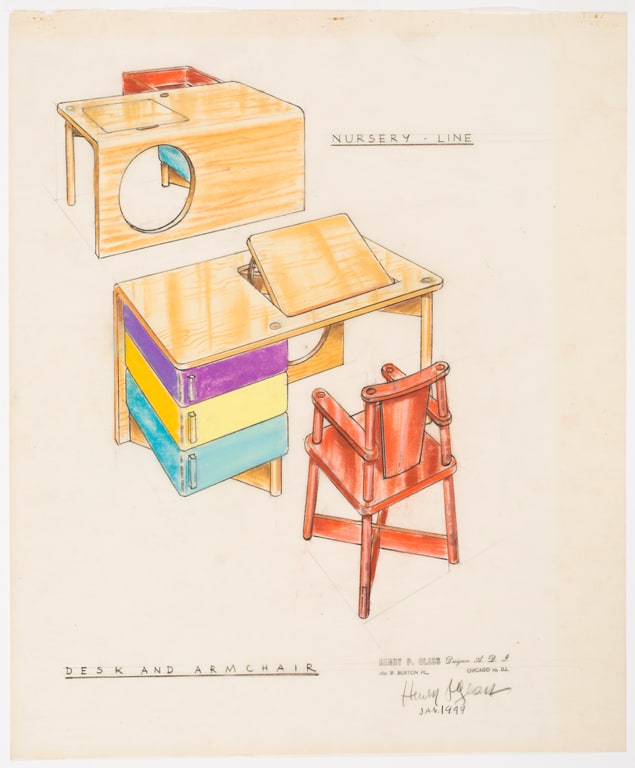 [Drawing of child's desk and armchair]