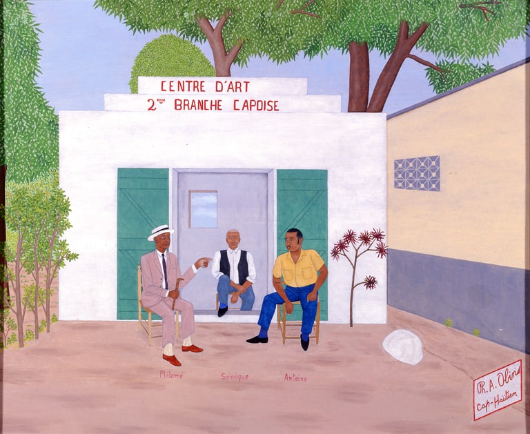 Philomé, Sénéque and Antoine Obin seated in front of the Cap-Haitian branch of the Centre d' Art