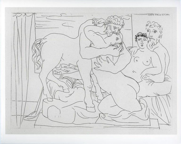 The Sculptor and His Model Viewing a Sculpture of a Centaur and a Woman Embracing, from the Sculptor's Studio Series of the Vollard Suite
