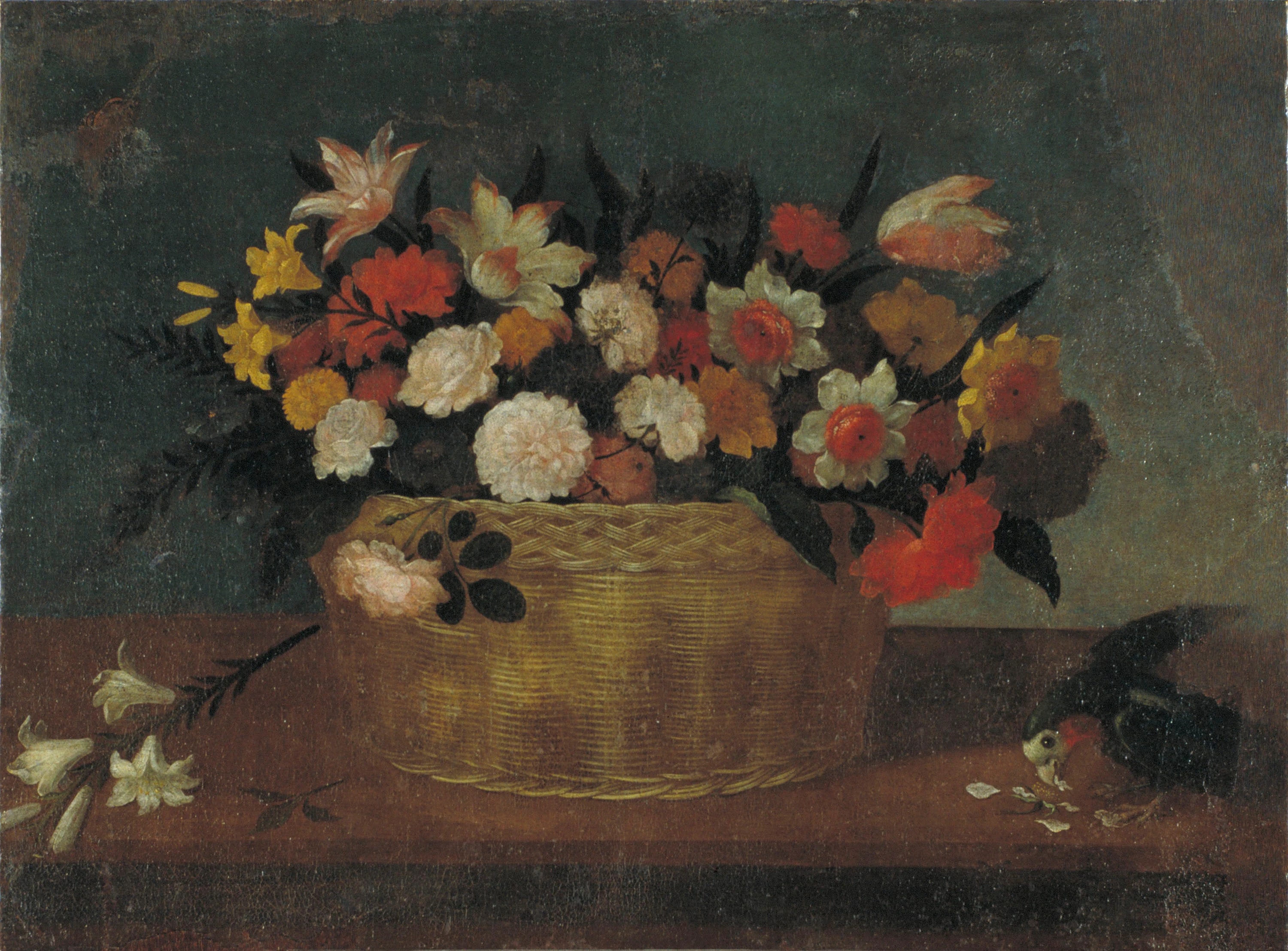 Basket with Flowers and Exotic Bird