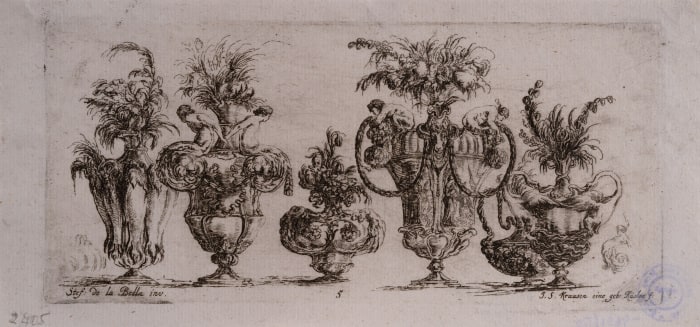 A Series of Six Sheets Depicting Decorative Vases with a Bouquet of Flowers. Sheet No.5. A Line of Vases