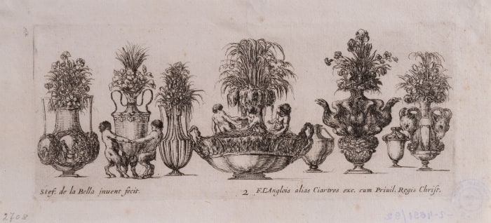 A Series of Six Sheets Depicting Decorative Vases with a Bouquet of Flowers. Sheet No.2. A Line of Vases