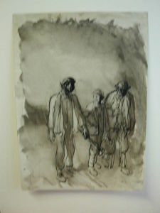 Three male figures walking
