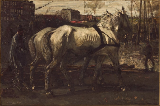 Deux chevaux tirant des pieux à Amsterdam