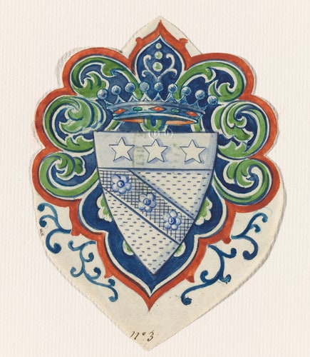 Modèle de blason pour un service de table. 1er écu : d'or à la bande de sable chargée de trois rose d'argent, au chef d'azur à trois étoiles d'argent. Couronne comtale