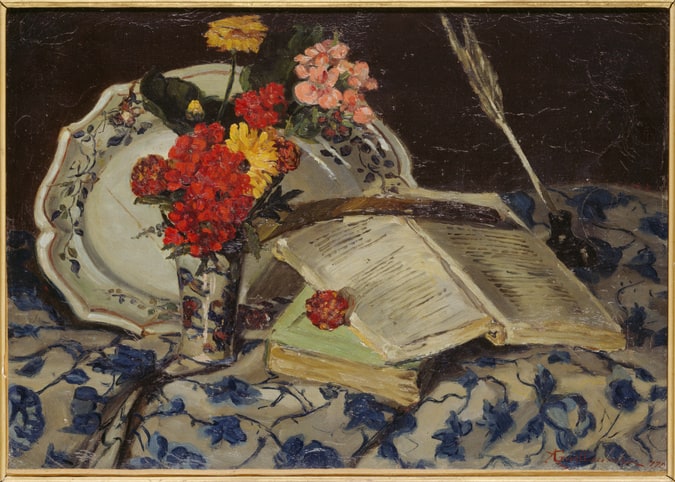 Nature morte : fleurs, faience, livres