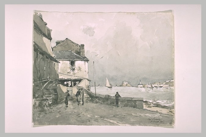 Personnages sur une place d'un petit village de pêche