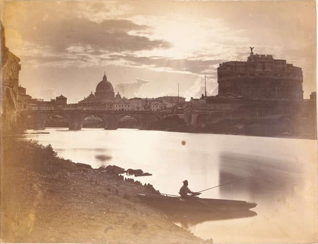 Le Tibre, le château Saint-Ange et la basilique Saint-Pierre, à Rome, effets de clair de lune