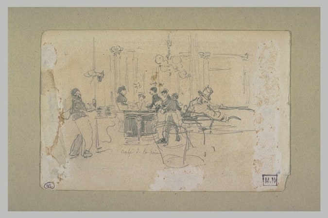 Intérieur de café avec un homme assis à droite, et plusieurs serveurs
