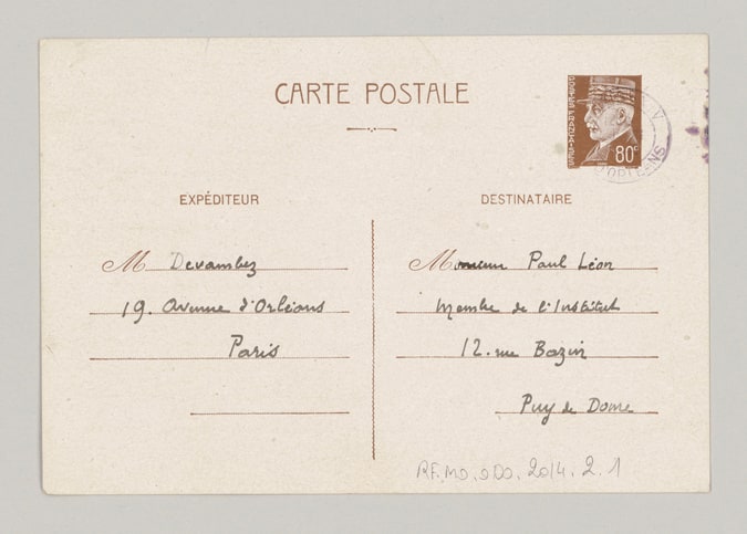Carte postale d'André Devambez à Paul Léon du 28 septembre 1941
