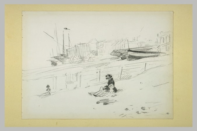 Femme et enfant sur une plage, près de bateaux échoués