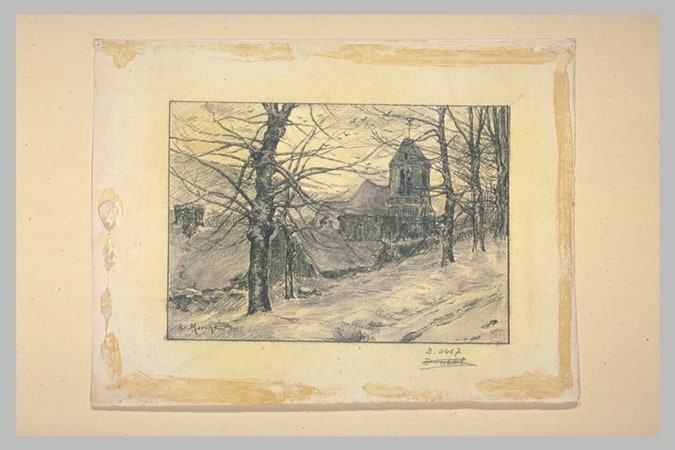 Paysage de neige : église de Faÿ-lès-Nemours