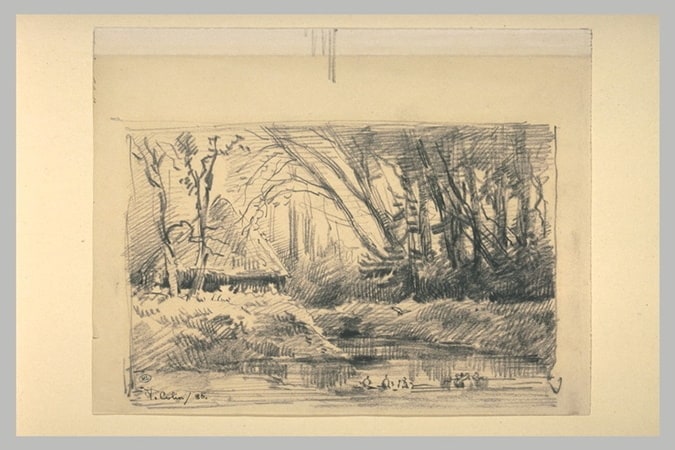 Rivière coulant dans un sous-bois ; croquis de falaises