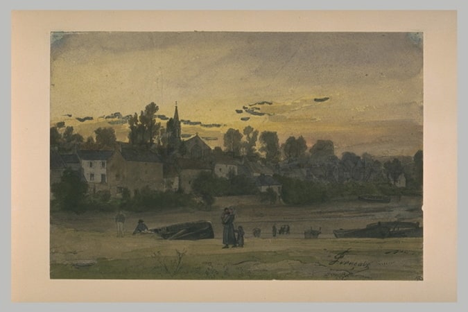 Village au bord d'une rivière, au soleil couchant