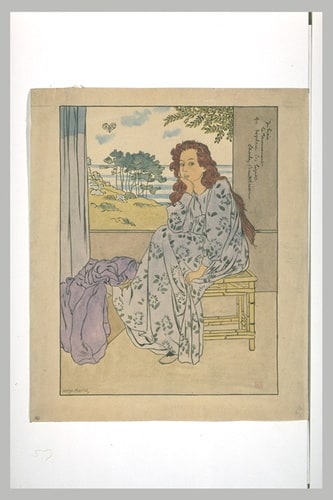 Femme à la longue chevelure rousse, vêtue d'une grande robe à fleurs