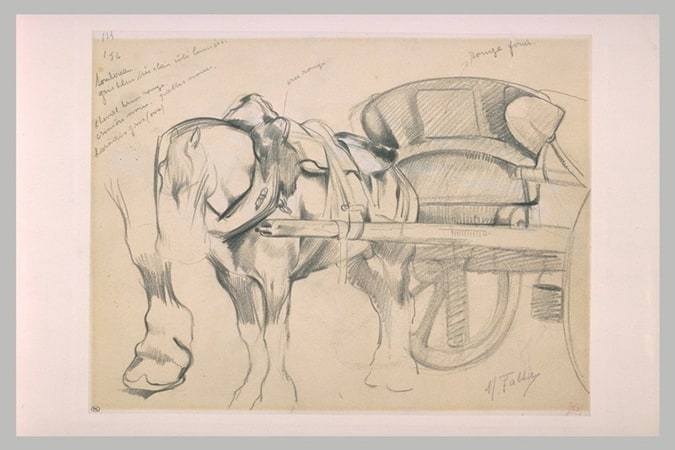 Etude de cheval au repos, attelé à un tombereau