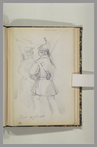 Soldat, et femme portant un drapeau, pendant la révolution de 1848