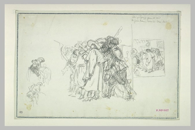 Etudes pour un groupe de personnages en costume XVIIè siècle ; reprise