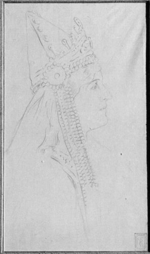 Tête de femme, coiffée d'une tiare ornée de cabochons
