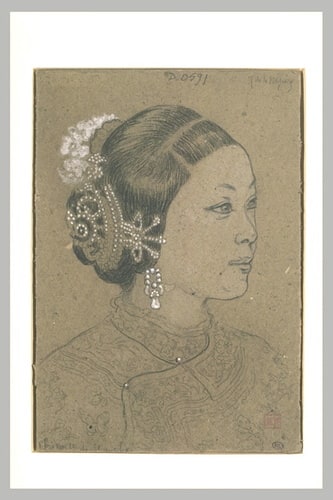 Tête de chinoise de Shanghaï, coiffée d'un chignon retenu dans une résille