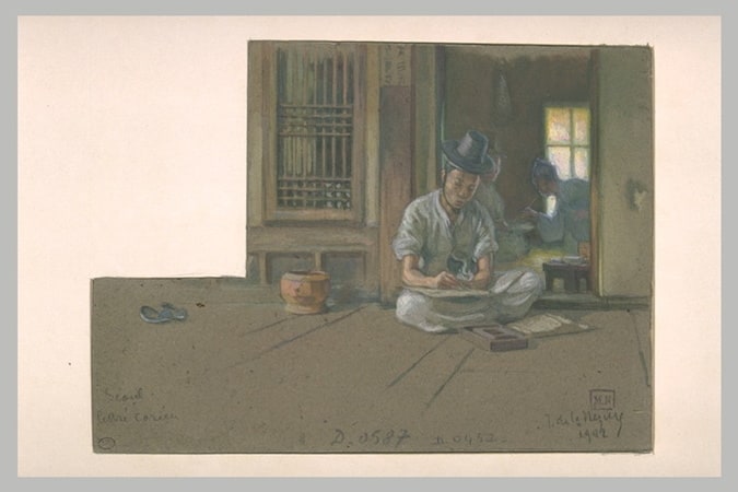 Lettré coréen à Séoul, dans un intérieur, écrivant