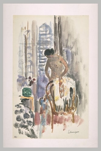Femme à sa toilette, nue, derrière un fauteuil