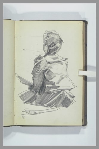 Une femme assise, vue de dos