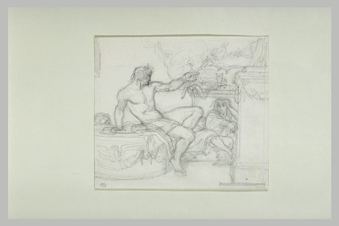 Bacchus assis sur la base d'une colonne près d'une figure assise