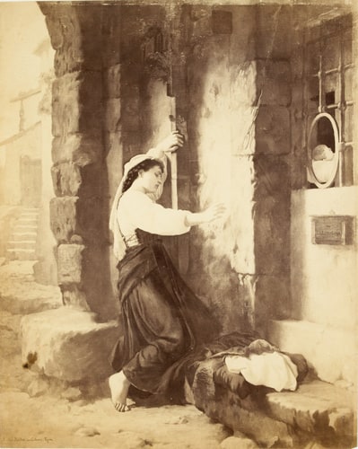 Peinture représentant une femme abandonnant son enfant, par Gustave Müller