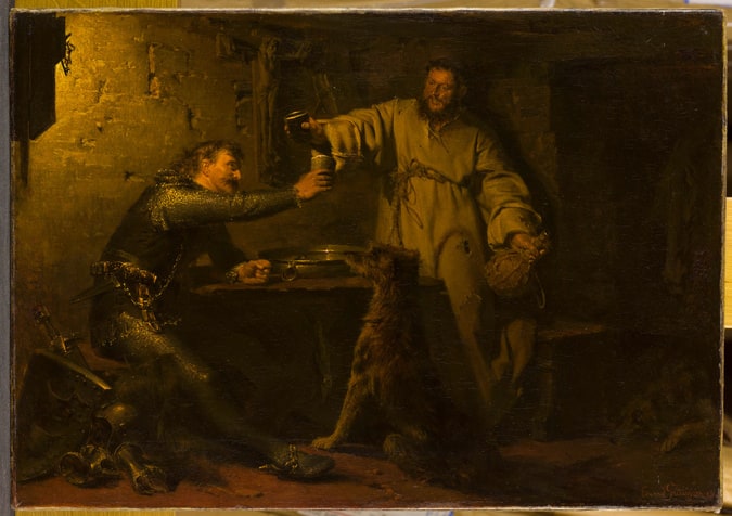 Guerrier moyenâgeux trinquant avec un ermite