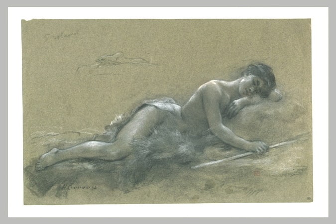 Femme nue, couchée, la tête posée sur son bras gauche